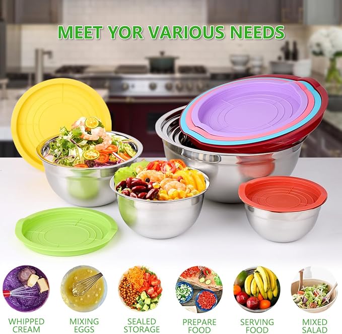 Mixing Bowls with Lids for Kitchen - 26 PCS Stainless Steel Nesting Colorful Mixing Bowls Set for Baking,Mixing,Serving & Prepping,Size 5, 3.7, 2.8, 2.3, 1.7, 1.1, 0.7QT,12 Cooking Utensils