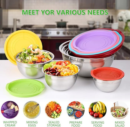Mixing Bowls with Lids for Kitchen - 26 PCS Stainless Steel Nesting Colorful Mixing Bowls Set for Baking,Mixing,Serving & Prepping,Size 5, 3.7, 2.8, 2.3, 1.7, 1.1, 0.7QT,12 Cooking Utensils