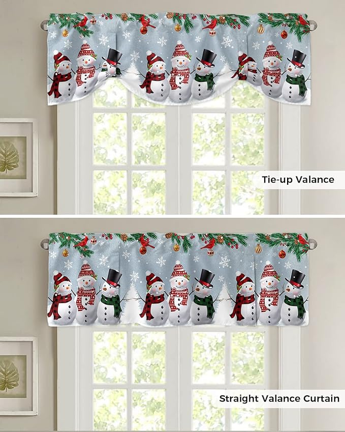 Christmas Blackout Tie Up Valance Curtains for Kitchen Windows Snowman Cardinal Window Toppers Balloon Shades for Living Room/Bathroom/Bedroom,1 Panel,42" X 12" Bluish Grey Winter Holiday