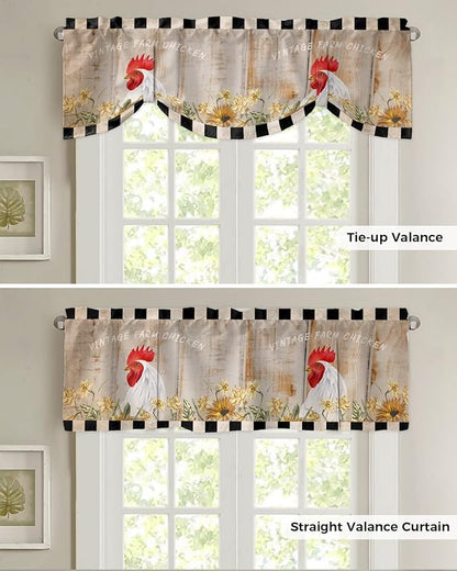 Farmhouse Blackout Tie Up Valance Curtains for Kitchen Windows Sunflower Vintage Farm Chicken Window Toppers Balloon Shades for Living Room/Bathroom/Bedroom,1 Panel,42" X 18" Black White Plaid