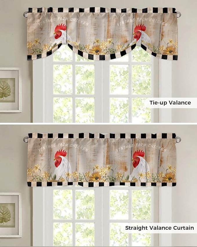 Farmhouse Blackout Tie Up Valance Curtains for Kitchen Windows Sunflower Vintage Farm Chicken Window Toppers Balloon Shades for Living Room/Bathroom/Bedroom,1 Panel,54" X 18" Black White Plaid