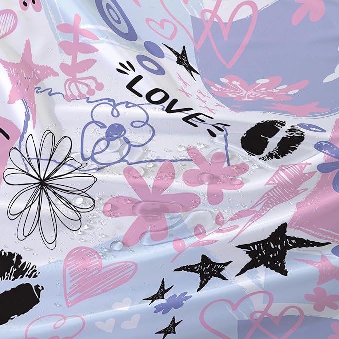 AILONEN Love Lipstick Shower Curtain,Stars with Flowers Theme Waterproof Fabric Shower Curtain Set for Girls Boys Kids Teens, 60" W*72" H Purple Graffiti Shower Curtain Set