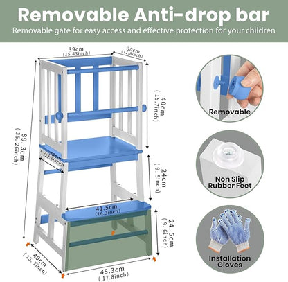 COSYLAND Kids Kitchen Step Stool, Toddler Standing Tower with CPC & FSC Certification, Removable Anti-Drop Railing Safety Rail Enjoys Unique Patented Design A Anti-tip Stable Structure Blue & White