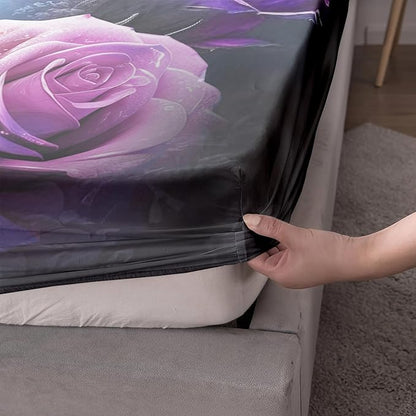 AILONEN Leopard Fitted Sheet Set Queen Size, Purple Flower and Cheetah Bed Sheet Set Leopard Print Fitted Sheet with 2 Pillowcases,3 Pieces Leopard Sheets Set for Boys Girls