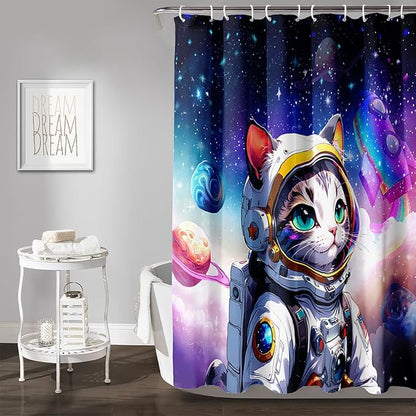 AILONEN Cartoon Astronaut Cat Shower Curtain Set for Kids Boys, Rainbow Rocket Waterproof Fabric Shower Curtain Curtain for Bathroom,Joyful Cat Galaxy Planet Shower Curtain Liner,72" W*78" H