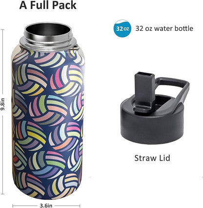 32 oz Volleyball Water Bottle Insulated Vacuum Stainless Steel Sports Water Bottle with 2 Lids (Straw and Spout Lid) for Gym Camping Hiking