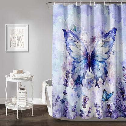 AILONEN Beautiful Butterfly Shower Curtain,Purple Butterfly Bath Curtain for Bathroom for Girls,Lavender Flower Shower Curtain,Watercolor Tie Dye Shower Curtain Set with Hooks,72" W*96" H