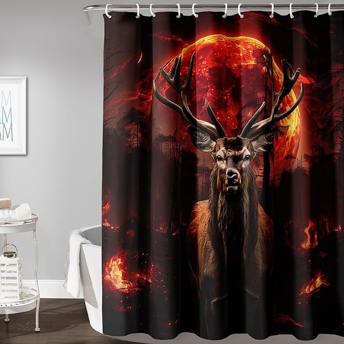 AILONEN Deer Hunting Shower Curtain for Boys,Moon Flame Fire Elk Bath Curtain for Bathroom,Print Polyester Waterproof with 12 Plastic Hooks 48" W*72" H