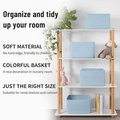 4 Pack Storage Baskets for Organizing Toys, Towels, and Clothes, Woven Basket for Shelves, Sturdy Nursery Cube Bins for Storage, 13''L x9''W x7.8''H, Blue