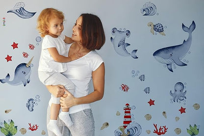 Ocean Wall Decals for Kids by Lipastick - Sea Kids Wall Stickers - Creative Nursery Wall Decal for Children – Nautical Vinyl Wall Decal Whale Shark Octopus Turtle Lighthouse S Size