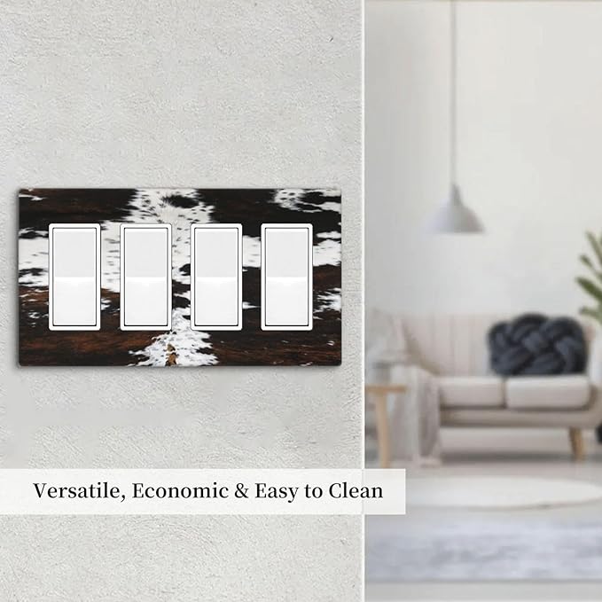 Western Farm Highland Cow Cowhide 4 Gang Rocker Decora Light Switch Cover Decorative Outlet Covers Wall Plate Electrical Faceplate Switchplate GFCI for Farmhouse Bathroom Bedroom Living Room Decor