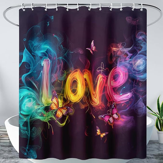 AILONEN Love Theme Shower Curtain for Bathroom,Romantic Smoky Butterfly Bath Curtain,Gradient Love Shabby Chic Print Black Shower Curtain with 12 Plastic Hooks,Waterproof 36" W*72" H