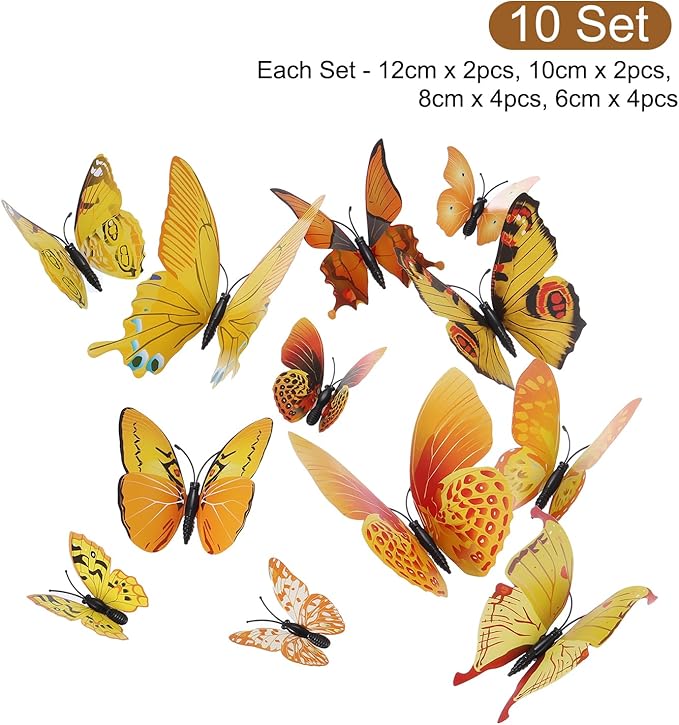 uxcell 120Pcs 3D Beautiful Butterfly Removable DIY Wall Stickers for Bedroom Living Room TV Background Decorations, Yellow