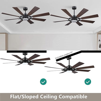 60" Ceiling Fan with Lights and Remote Control, Wood 8 Blades 6-Speed Noiseless Reversible DC Motor, 2 Downrods, Modern Ceiling fan for Office Porch Bedroom Dining Living Room, Black+Walnut