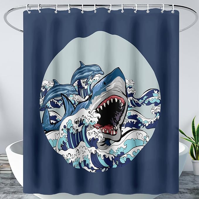 AILONEN Cartoon Shark Shower Curtain for Kids Boys Girls,Blue Ocean Wave with Shark Waterproof Fabric Shower Curtain for Bathroom,Blue Jumping Dolphin Theme Shower Curtain Set with Hooks,72" W*84" H