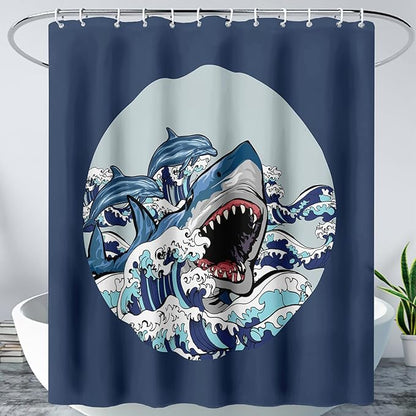 AILONEN Cartoon Shark Shower Curtain for Kids Boys Girls,Blue Ocean Wave with Shark Waterproof Fabric Shower Curtain for Bathroom,Blue Jumping Dolphin Theme Shower Curtain Set with Hooks,72" W*72" H