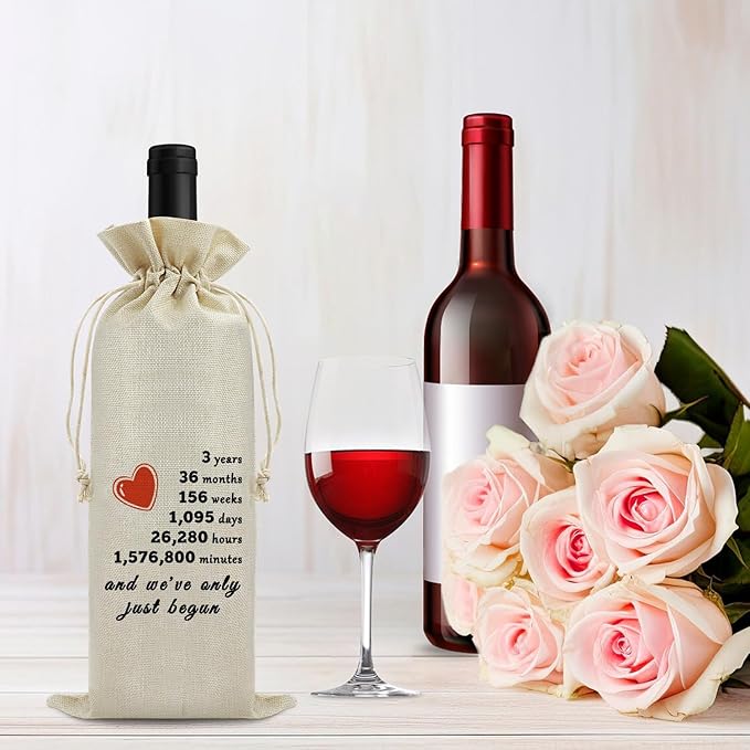3rd Anniversary Wedding Gifts for Him Her Three Years Anniversary Wine Bag for Husband Wife 3 Year Dating Anniversary for Men Women 3 Years of Marriage Gift Birthday Christmas Gift Wine Gift Bag