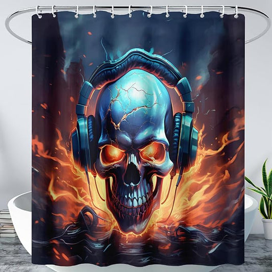 AILONEN Headset Skull Shower Curtain,Hip Hop Skeleton Fire Skull Bath Curtain,Cool Skull Decoration Bathroom Curtain with 12 Plastic Hooks,Waterproof 36" W*72" H