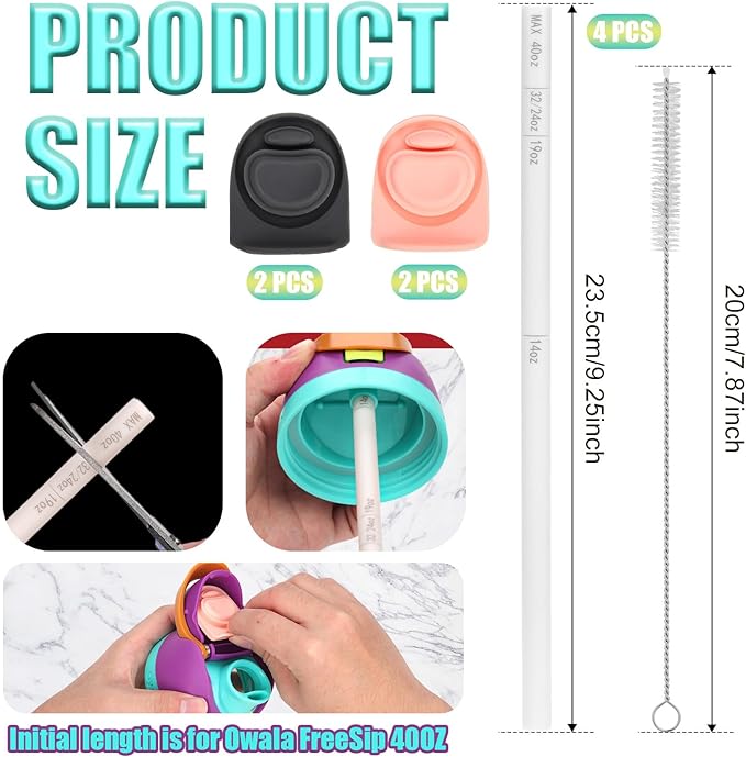 4pcs Replacement Plug Stopper for Owala FreeSip 19/24/25/32/40oz (2 Pink + 2 Gray), with 1 Brush & 4pcs White Straw with Scale for Owala Free Sip Water Bottle Mouth Top Cap Lid Gasket Seal Accessories