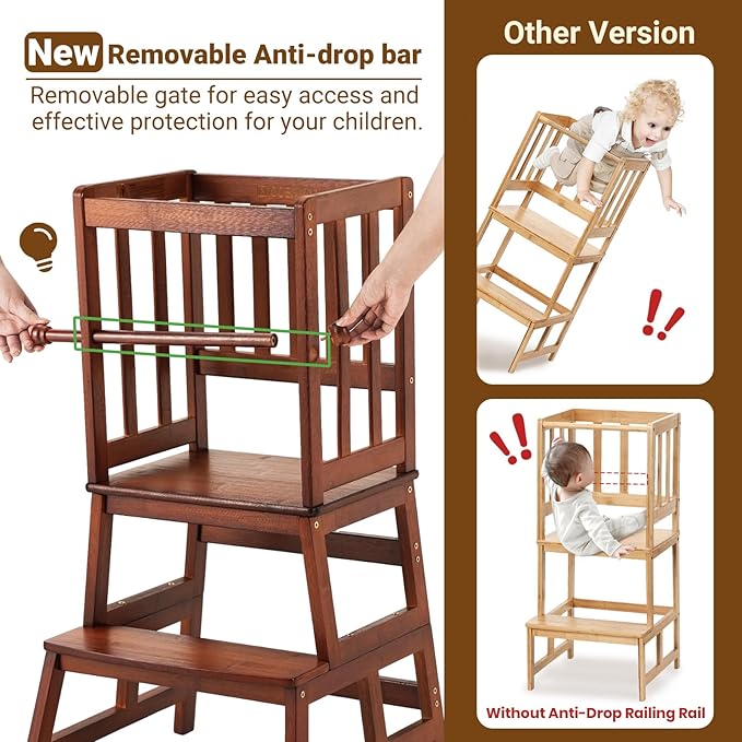 COSYLAND Kids Kitchen Step Stool, Toddler Standing Tower with CPC & FSC Certification, Removable Anti-Drop Railing Safety Rail Enjoys Unique Patented Design A Anti-tip Stable Structure Red Brown