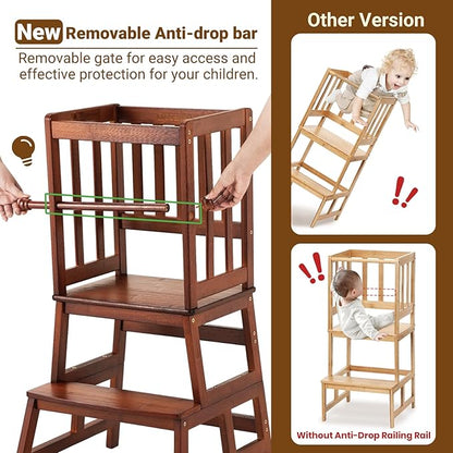 COSYLAND Kids Kitchen Step Stool, Toddler Standing Tower with CPC & FSC Certification, Removable Anti-Drop Railing Safety Rail Enjoys Unique Patented Design A Anti-tip Stable Structure Red Brown