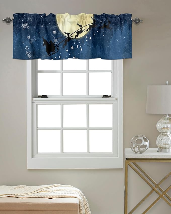 Christmas Kitchen Curtains Valances for Windows Santa Claus Reindeer Rod Pocket Window Treatment for Kitchen/Living Room/Bedroom/Bathroom,42" X 18" -1 Panel, Blue Snowy Night