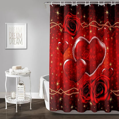 AILONEN Red Hearts Rose Shower Curtain for Bathroom Decor, Romantic Flower Bathroom Curtain 48" W*72" H,Valentine Bath Curtain Polyester Waterproof Shower Curtain with 12 Hooks