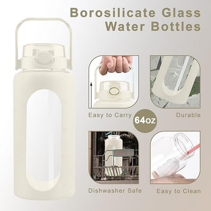 64 Oz Glass Water Bottle with Straw and Lid, Sports Motivational Water Bottle, Leakproof Water Jug Fitness with Silicone Sleeve for Gym, Beige