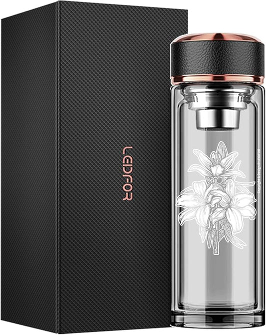 Tea Infuser Bottle - BPA Free Double Wall Glass Travel Tea Mug With Stainless Steel Filter - Leakproof Tea Tumbler with Strainer for Loose Leaf Tea and Fruit Water 17 oz Lily