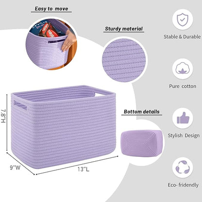 4 Pack Storage Baskets for Organizing Toys, Towels, and Clothes, Woven Basket for Shelves, Sturdy Nursery Cube Bins for Storage, 13''L x9''W x7.8''H, Purple