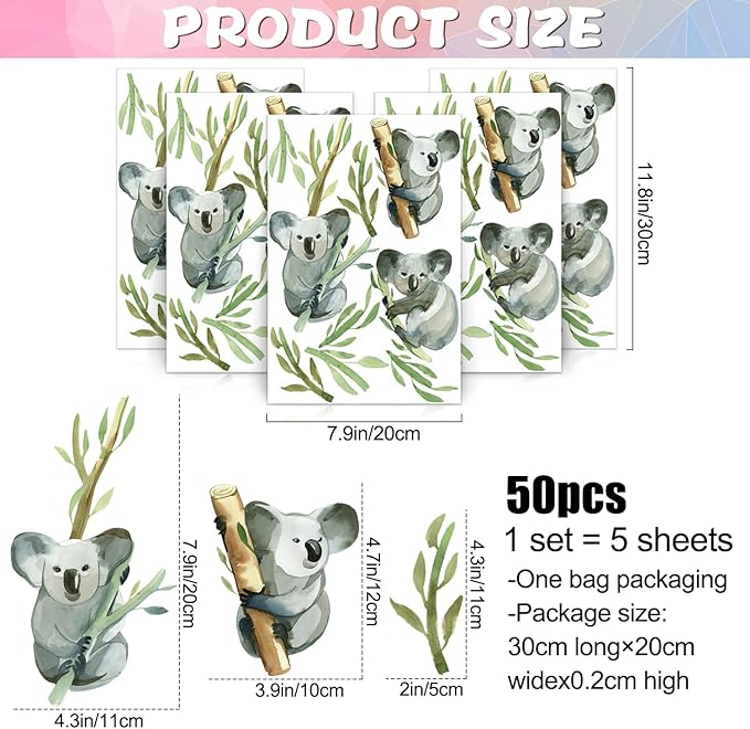 5 Sheets Cartoon Animal Wall Decal Removable DIY Koala Wall Decal Peel and Stick Branch and Leaves Wall Stickers Wall Art for Baby Nursery Bedroom Living Room Playroom Decor