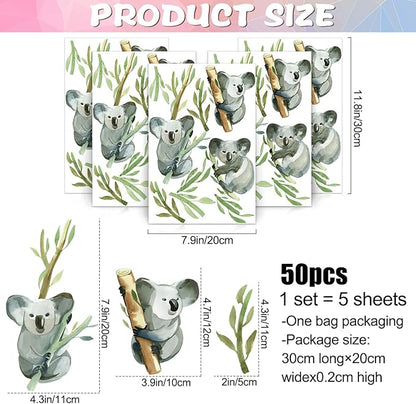 5 Sheets Cartoon Animal Wall Decal Removable DIY Koala Wall Decal Peel and Stick Branch and Leaves Wall Stickers Wall Art for Baby Nursery Bedroom Living Room Playroom Decor