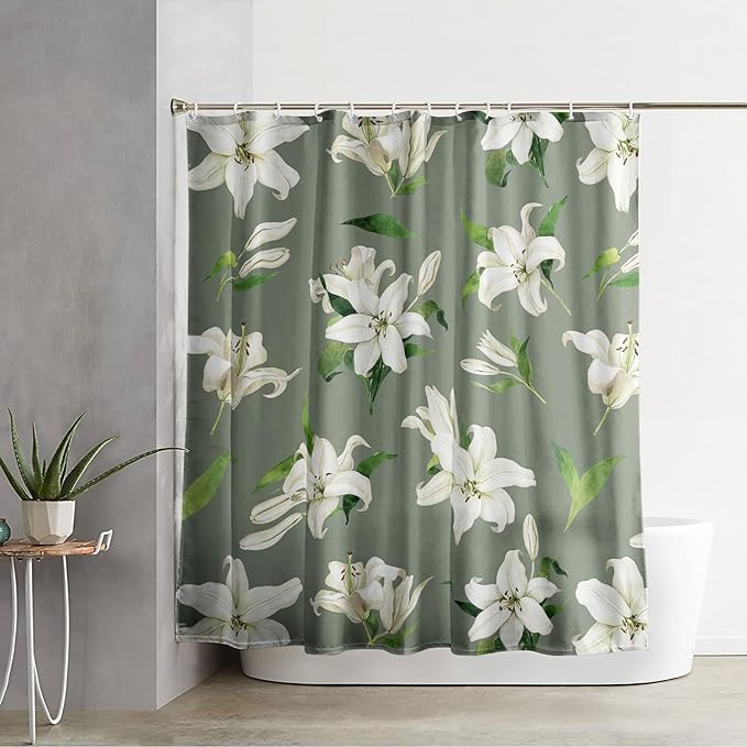 AILONEN Flower Shower Curtain, Vintage Garden Lilies Theme Waterproof Fabric Shower Curtain Set,Green Spring Flowers Bathroom Decor for Teen Girls Women,72" W*96" H