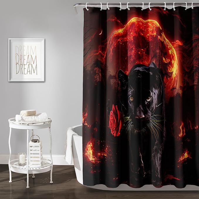 AILONEN Black Panther Shower Curtain,Evening Moon Flame Leopard Bath Curtain for Kids Men,Wildlife Animal Polyester Waterproof with 12 Plastic Hooks 48" W*72" H