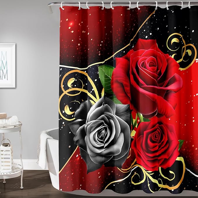 AILONEN Romantic Red Rose Flower Shower Curtain,Red and Black Floral Bath Curtain,Modern Flower Waterproof Curtain for Bathroom Decor, 72" W x 84" H