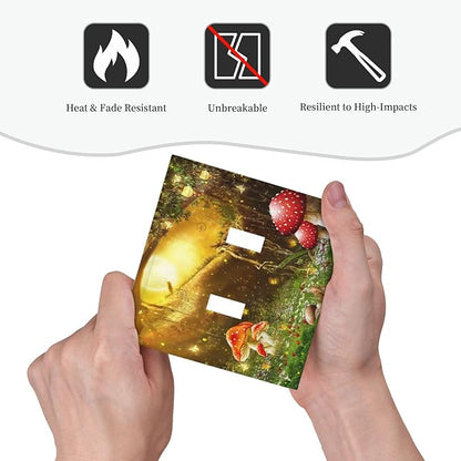 Red Mushroom Forest Fairy Moon Butterfly Double Toggle Bohemian Light Switch Covers Decorative 2 Gang Wall Plate Dual Electrical Faceplate Switchplate for Kidroom Nursery Decor