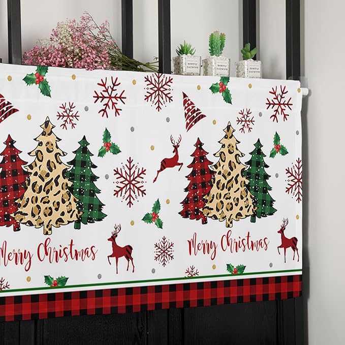 Merry Christmas Kitchen Curtains Valances for Windows Farm Christmas Tree Buffalo Plaid Leopard Rod Pocket Window Treatment for Kitchen/Living Room/Bedroom/Bathroom,60" X 18" -1 Panel, Holiday Decor