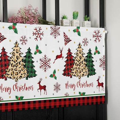 Merry Christmas Kitchen Curtains Valances for Windows Farm Christmas Tree Buffalo Plaid Leopard Rod Pocket Window Treatment for Kitchen/Living Room/Bedroom/Bathroom,42" X 12" -1 Panel, Holiday Decor