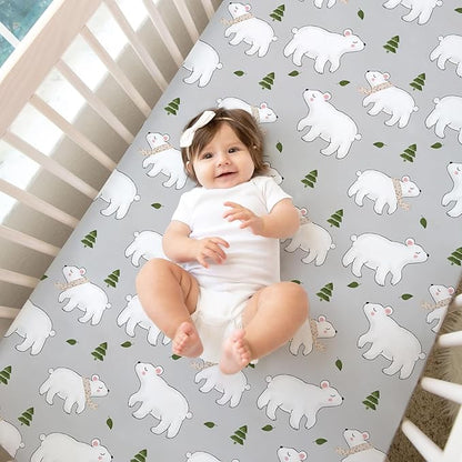 ACRABROS Crib Sheets for Girl Boy: Stretchy Baby Fitted Crib Mattress Sheets Sets 2 Pack Standard Size Ultra Soft Neutral, Elephants&Polar Bears