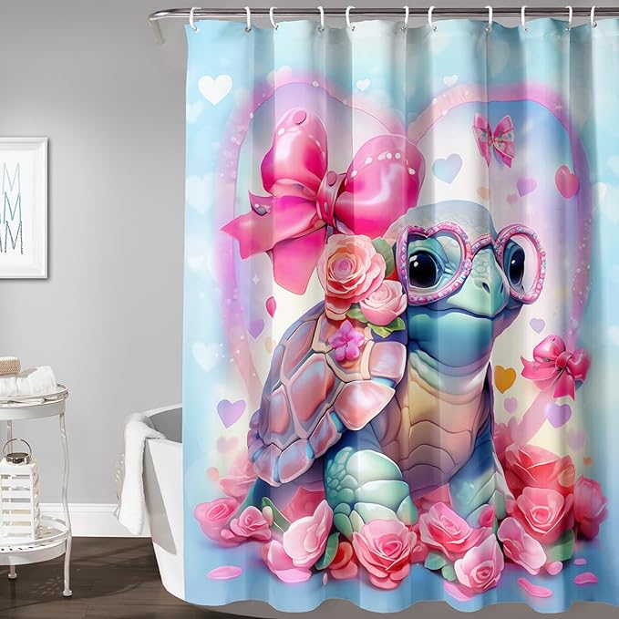 AILONEN Cute Sea Turtle Shower Curtain for Bathroom,Kawaii Turtle Pink Flower Print Bath Curtain 36" W*72" H,Girls Women Modern Decorative Waterproof Curtain with 12 Plastic Hooks