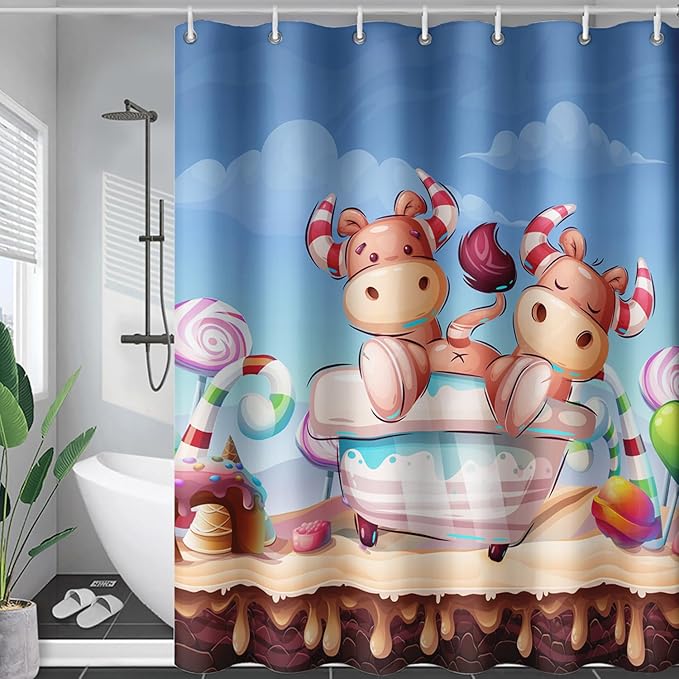 AILONEN Cute Cow Kids Shower Curtain 72" W*96" H Cartoon Candy Printed Shower Curtain Boys Girls Children Bathroom Curtain Decor Polyester Waterproof Curtain with 12 Hooks