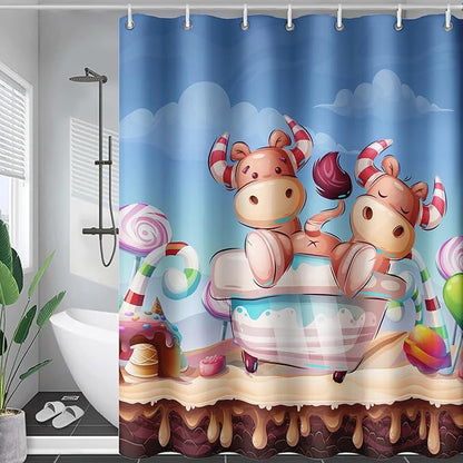 AILONEN Cute Cow Kids Shower Curtain 72" W*72" H Cartoon Candy Printed Shower Curtain Boys Girls Children Bathroom Curtain Decor Polyester Waterproof Curtain with 12 Hooks
