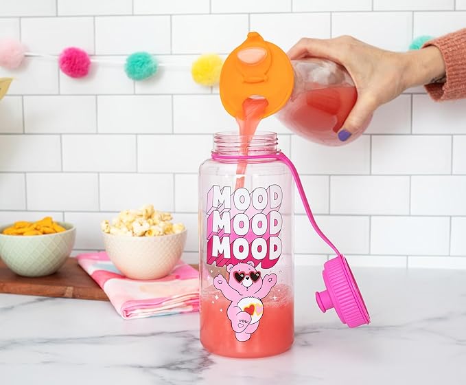 Silver Buffalo Care Bears Love-A-Lot Bear Mood Plastic Water Bottle With Spill-Resistant Sports Cap Lid | Holds 34 Ounces