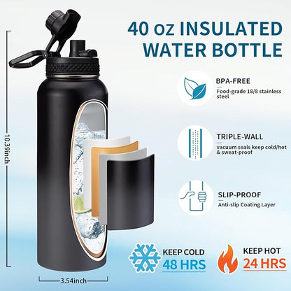 40 oz Water Bottles Insulated - Wide Mouth Stainless Steel Water Bottle with Straw, Spout Lid, Paracord Handle, Carrier Bag, Protective Boot, Metal Water Jug Keep Cold 48H Hot 24H, Hydro Mug Flask