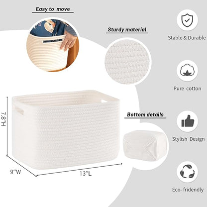 4 Pack Storage Baskets for Organizing Toys, Towels, and Clothes, Woven Basket for Shelves, Sturdy Nursery Cube Bins for Storage, 13''L x9''W x7.8''H, White