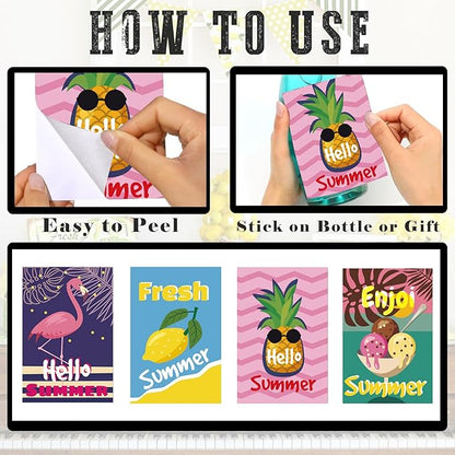 8 Pieces Tropical Summer Wine Bottle Labels Flamingo Pineapple Wine Bottle Stickers Pink Yellow Green Hawaii Wine Bottle Cover Decorations for Summer Beach Carnival Party Supplies