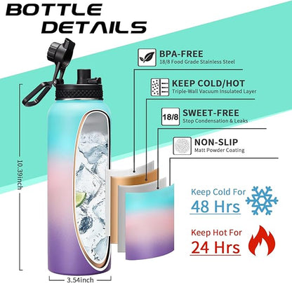 40oz Insulated Water Bottles with Straw and Paracord Handle, Metal Flask Bottle Keep Cold for Cold-48H Hot-24H, Double Vacuum Travel Thermo Mug with Carrying Pouch for Sports Hiking Cycling Running