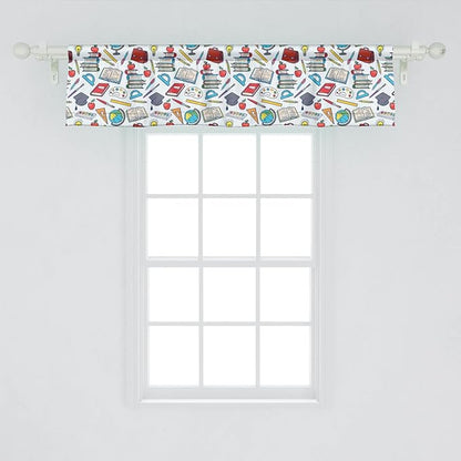 Ambesonne Science Window Valance Pack of 2, Elementary Theme Student Supplies Globe Paints and Brushes Books, Rod Pocket Curtain Valances for Kitchen Bedroom, 54" X 12", Blue Red