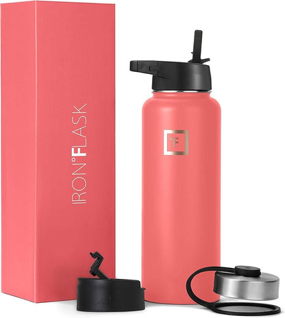 Iron Flask Sports Water Bottle - 40 Oz, 3 Lids (Straw Lid), Vacuum Insulated Stainless Steel, Hot Cold, Modern Double Walled, Simple Thermo Mug, Hydro Metal Canteen (Peach)