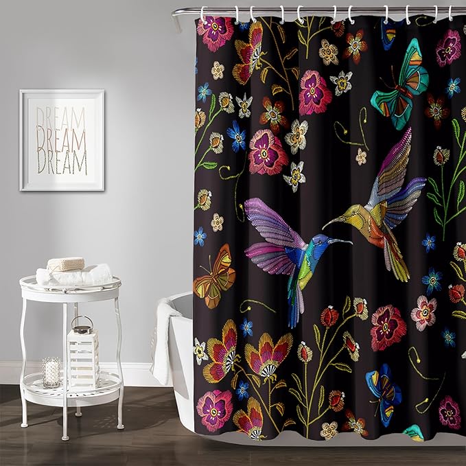 AILONEN Retro Hummingbird Shower Curtain,Wild Floral Flower Bathroom Decor with 12 Plastic Hooks,Bird Butterfly Vintage Black Curtains,Modern Bedroom Decor Gifts for Girls Teen Adult 72" W*96" H